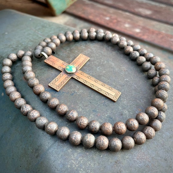 Vintage Textured Copper Bead Necklace w/ Simple C… - image 1