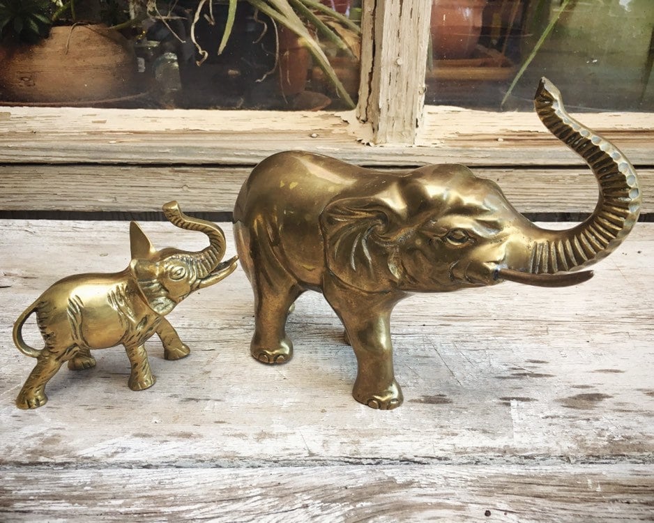 Large Vintage Brass Elephant Statue, Trunk Up Lucky Feng Shui Shelf Display, Safari Animal Doorstop