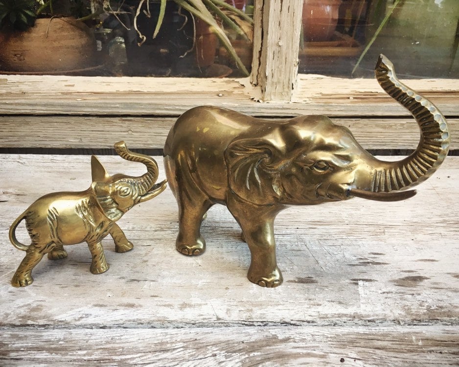 vintage brass elephant figurine, miniature brass animal, lucky