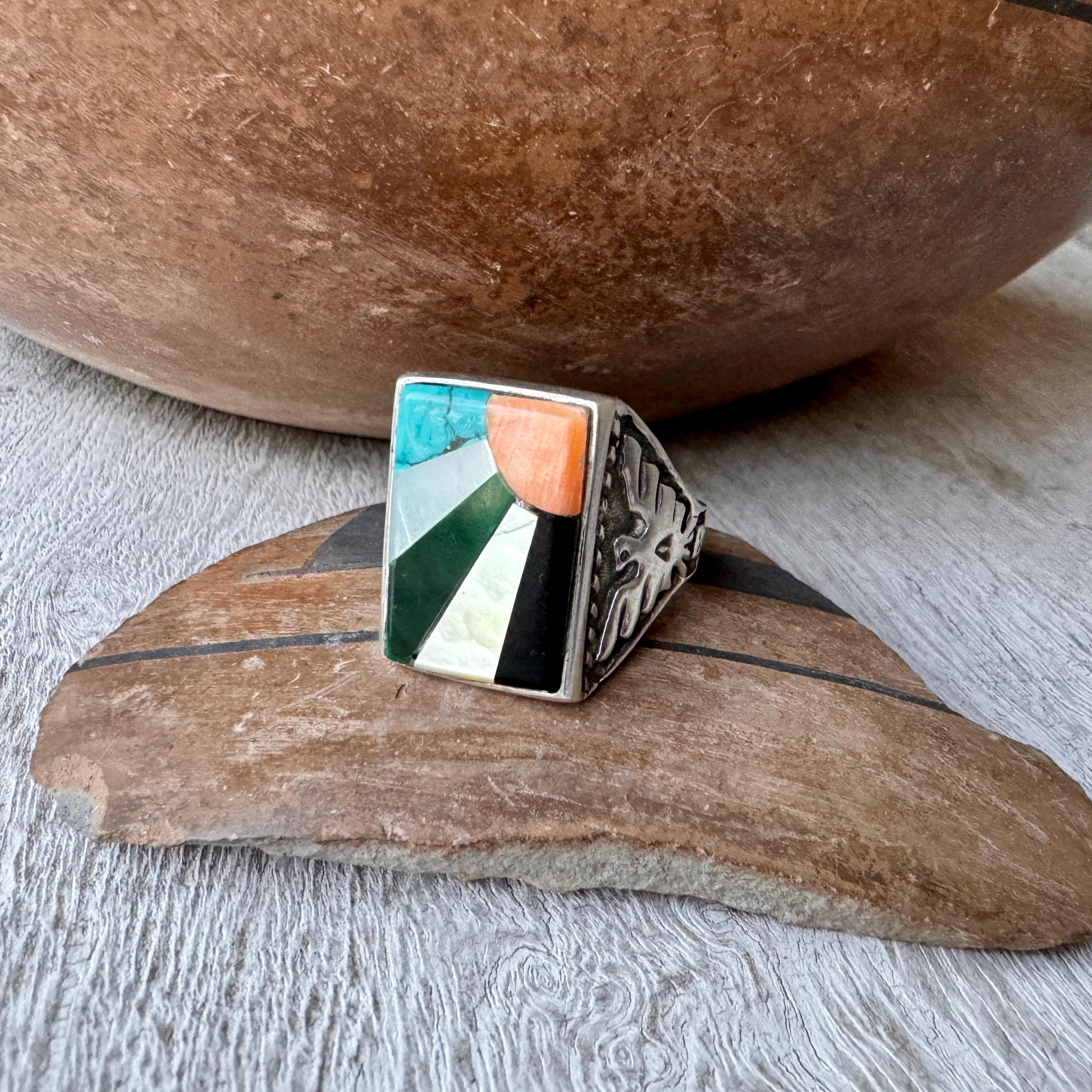 Longer Signed Vintage Native American Zuni Turquoise Inlay Sterling Silver Ring Tall Old Longer Signed Vintage Native American Zuni Turquoise Inlay Sterling Silver Ring Tall Old