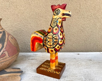Vintage Red and Black Painted Wooden Rooster Statue Primitive Folk Art, Rustic Home Farmhouse Decor, Chicken Bird Gifts for Animal Lover
