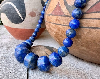 Lapis Lazuli Bead Necklace Approx 18", Sterling Silver Caps, Desert Rose Trading