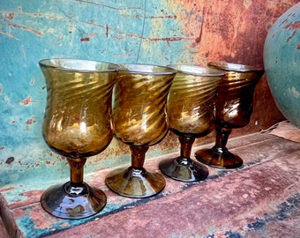 Four Vintage Mexican Blown Glass Cordial Goblets, Handblown Golden Brown Color, Southwestern Decor, Mexican Glassware, Rustic Kitchen Table