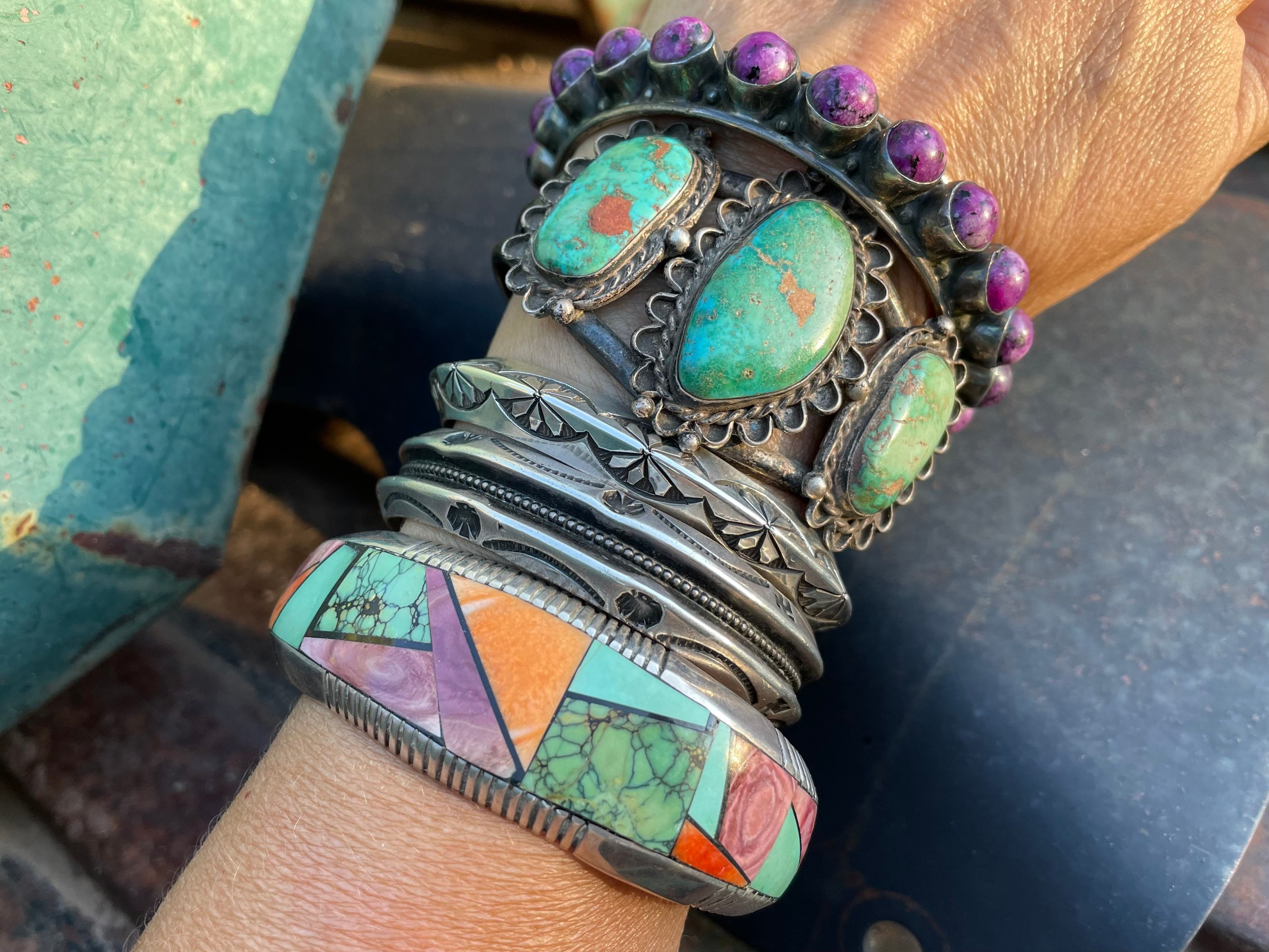 Vintage Natural Turquoise and Sterling Silver Three Stone Cuff