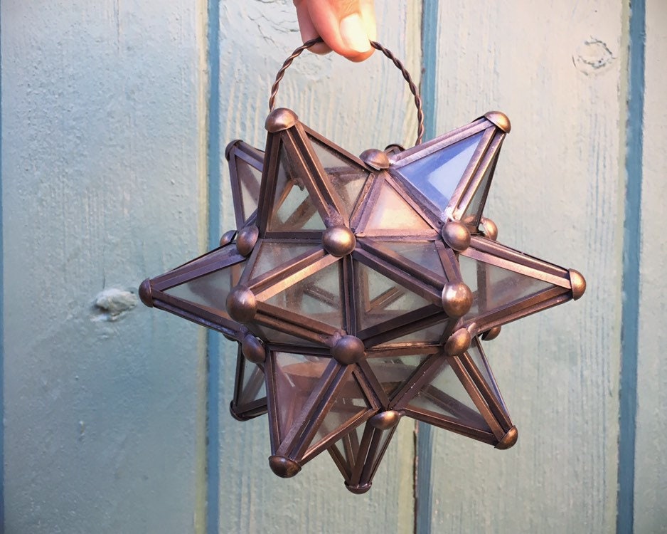 Vintage 6 Metal and Glass Star Lantern LED Candle Holder, Hanging