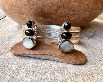 Lilly Barrack Sterling Silver Black Onyx & Abalone Open Cuff Approx 6.5"