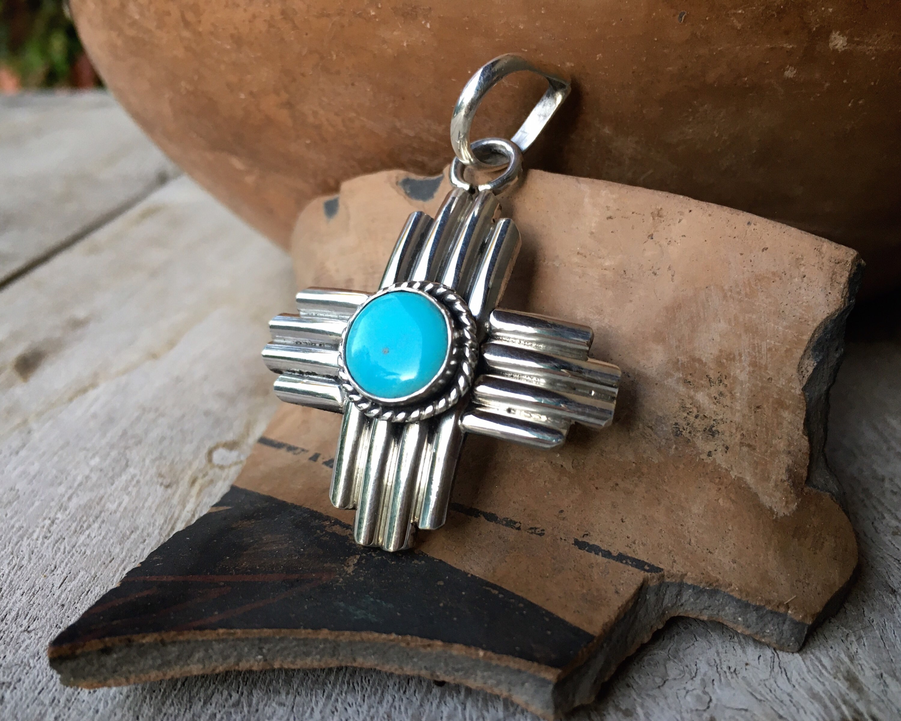 Sterling Silver and Turquoise Zia Pendant for Necklace, Native America