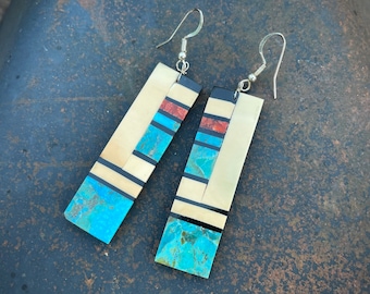 Turquoise Slab Earring with Black Onyx Multi Stone Dangles by Santo Domingo Torevia Crespin
