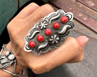 Huge Sterling Silver and Coral Concho Shield Ring Size 9 (Adj), Navajo Native American Indian