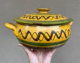 Old Guatemala Majolica Rolling Line Yellow Pottery Lidded Bowl w/ Handles, Rustic Primitive Decor