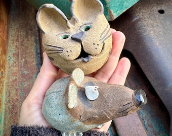 Two Art Studio Pottery Pieces, Different Artists Same Era, Cat & Mouse