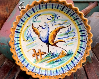 Vintage Spanish Majolica Pottery Bowl w/ Hand-Painted Bird Design, Sevilla Triana Lebrillo Ceramics, Rustic Southwestern Kitchen Decor Gift