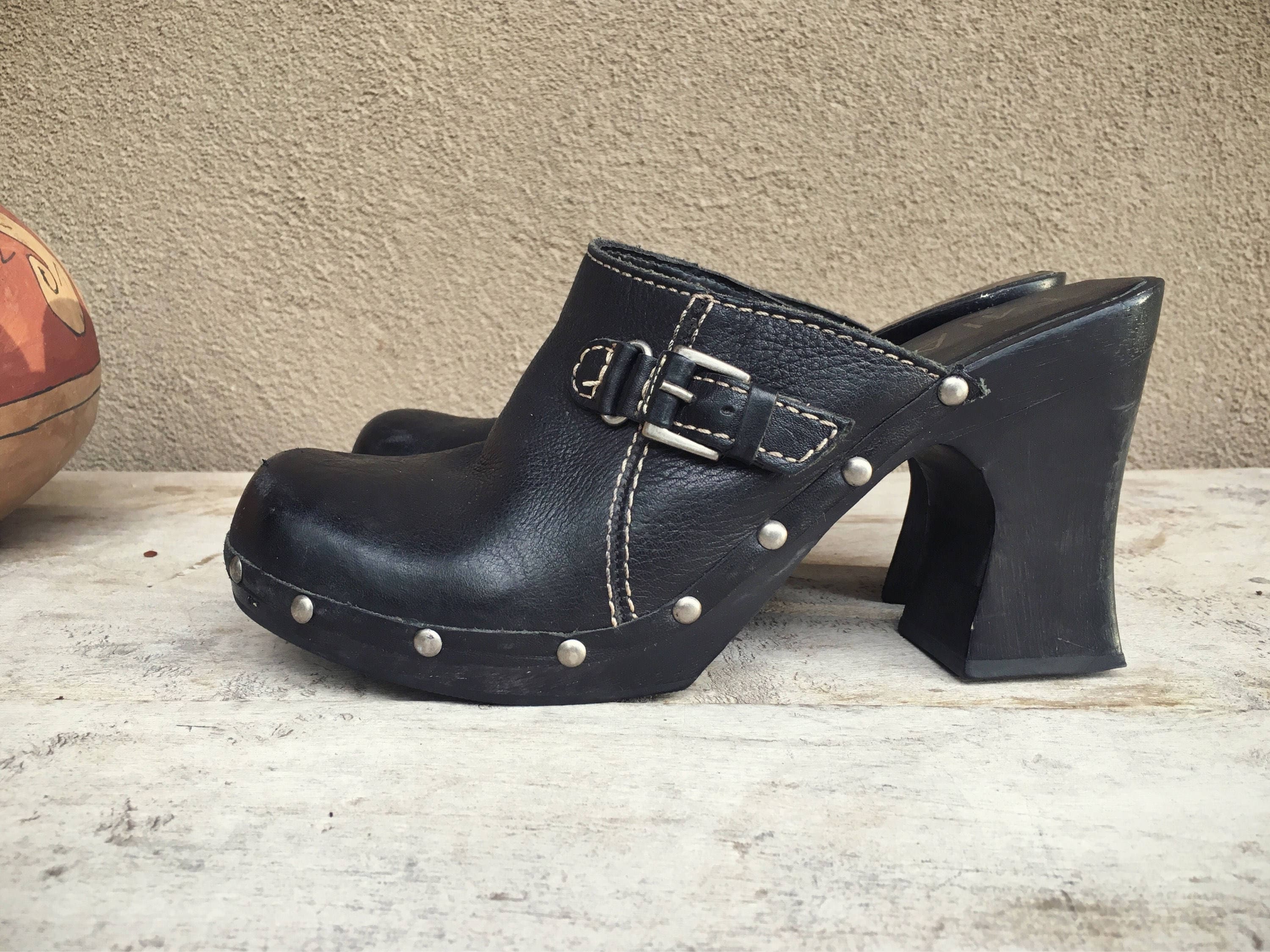 Vintage Women's MIA platform black clogs leather buckle and studs ...