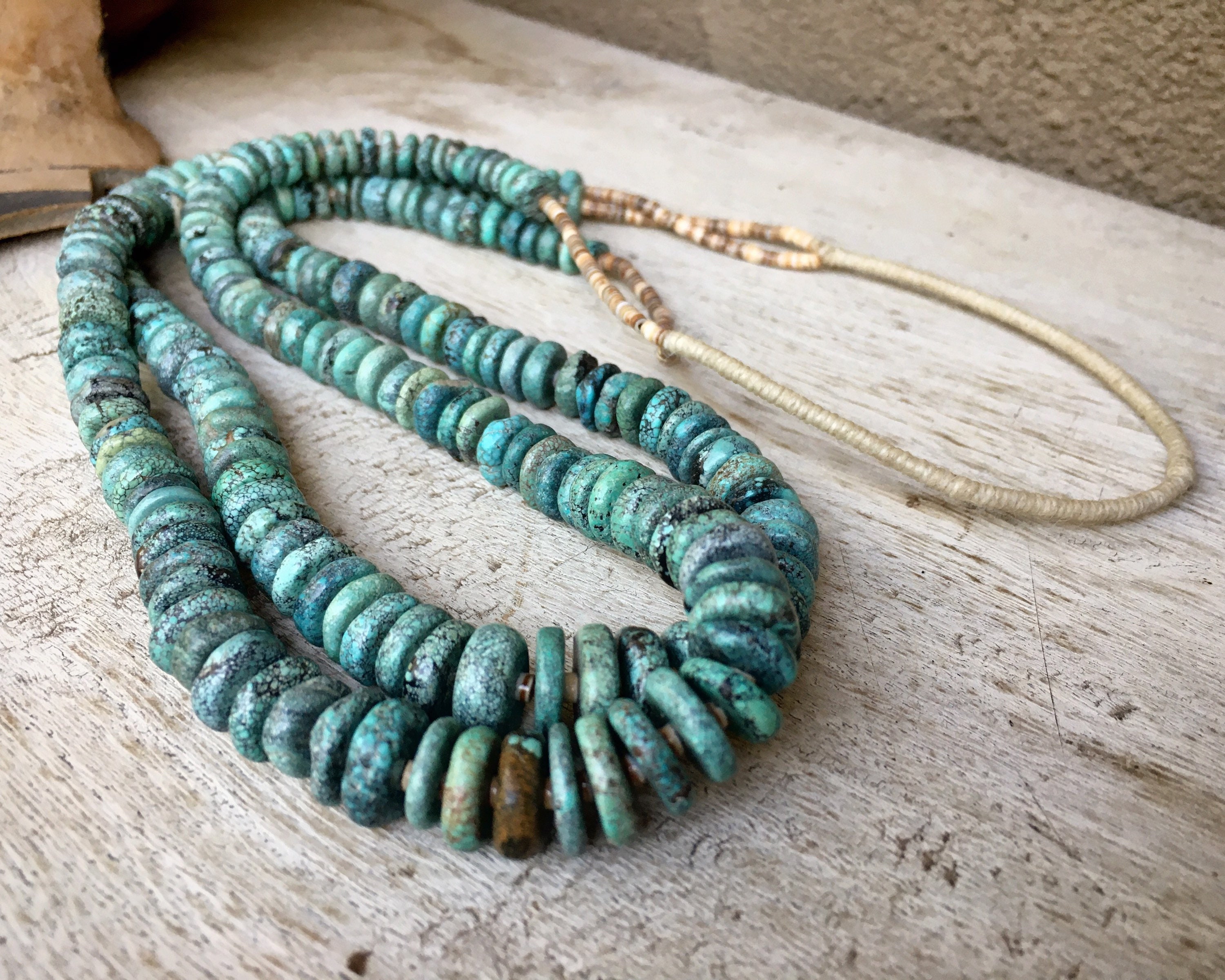 Two Strand Necklace 30 Spiderweb Turquoise Heishi Beads Santo Domingo