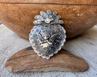 Large Sterling Silver Sacred Heart Angel Ring Adjustable, Ornate Stamping, Mexican Jewelry