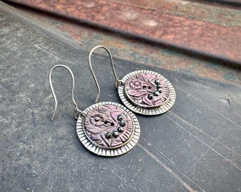 Vintage Sterling Silver Earrings Made from Carved Smoky Oyster Shell Buttons, Unique Jewelry