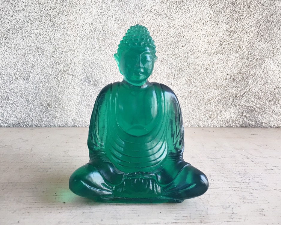 Vintage Resin Green Buddha Figurine, 1990s Apartment Decor, Sitting Buddha Statue, Zen Altar