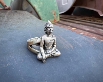 Sterling Silver Boddhisatva Ring Size 8.75, Buddhist Mindfulness Jewelry Tribal Ethnic