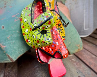 Carved Painted Vintage Mexican Wooden Jaguar Tigre, Colorful Folk Art Wall Hanging Smallish