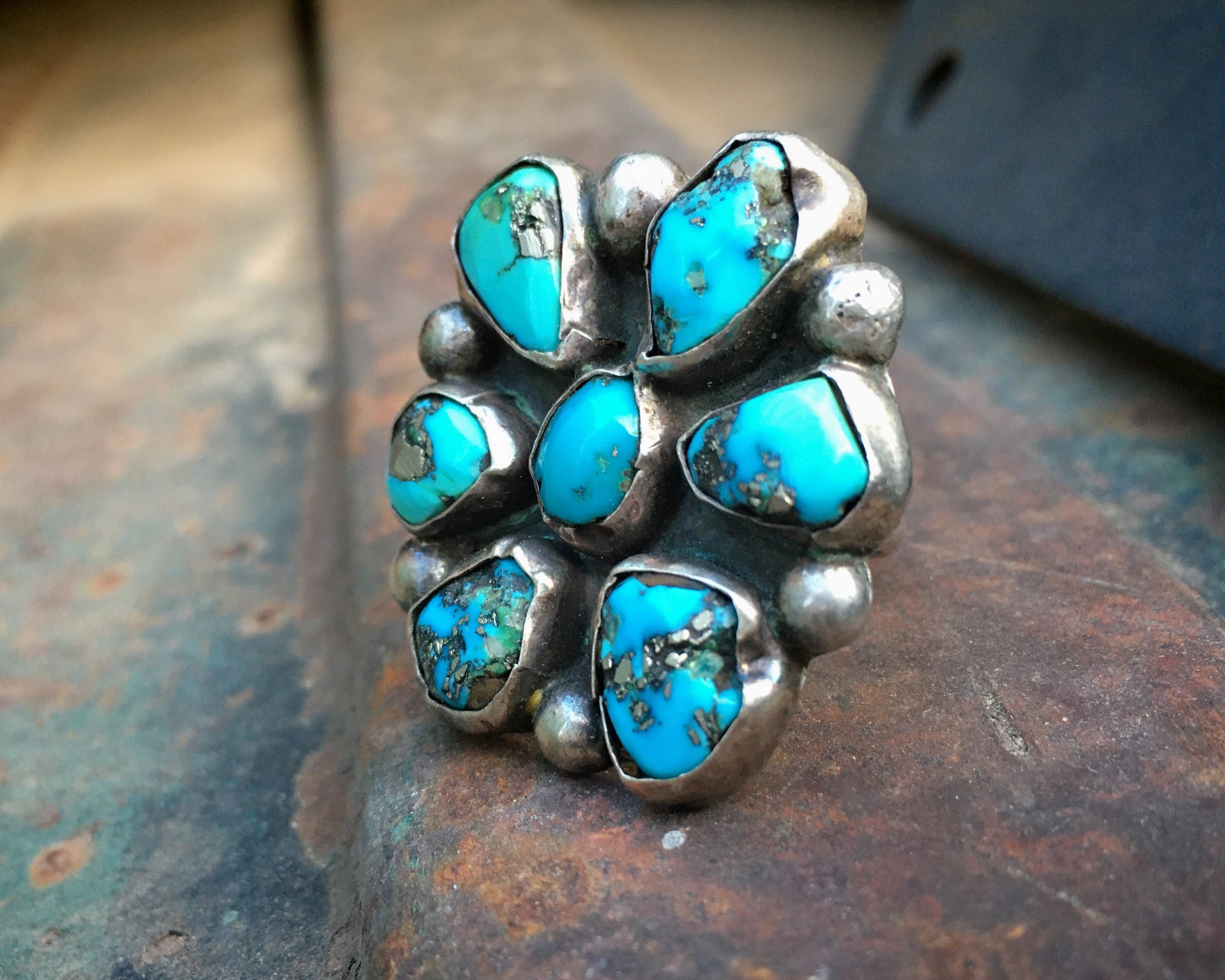 14g Rustic Old Navajo Ring with Pyrite Morenci Turquoise Size 8.5 ...