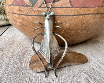 Large Vintage Sterling Silver Insect Pin 3.25", Flying Grasshopper
