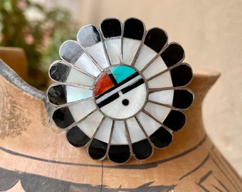 Vintage Zuni Blossoming Sunface Brooch Pin Black Onyx Mother of Pearl Turquoise Coral, Native American Indian Jewelry Women, Kachina Symbol