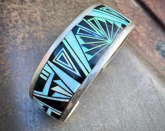 Navajo Thomas Francisco Inlay Cuff Bracelet Size 6.5, Black Onyx Opal, 77g