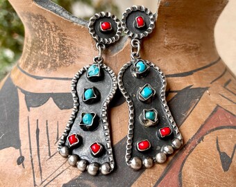 Vintage Matl Style Dangle Earrings Sterling Silver Turquoise Coral, Mexican Jewelry Women's