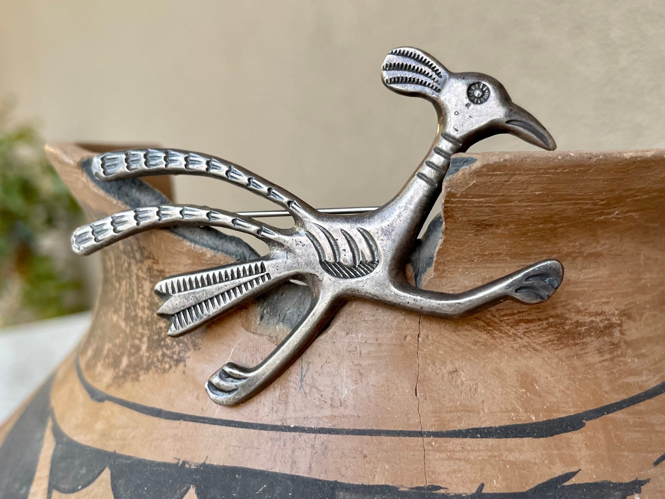 Vintage Fred Harvey Era Silver Roadrunner Brooch Pin, Southwestern 