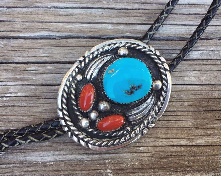 Vintage Turquoise Silver Bolo Tie for Men, Authentic Turquoise and