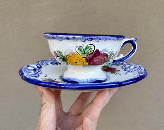 Vintage Hand-Painted Portugal Pottery Teacup and Saucer, Rustic Bohemian Home Decor, Mom Gift