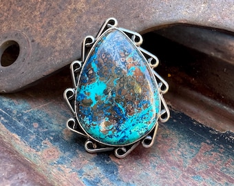Sterling Silver Chrysocolla Ring Size 6.5 by Navajo Me'Dru Nelson, Native American Jewelry