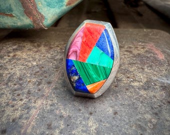 Vintage Navajo Ring Size 9 Turquoise Multi Stone Inlay, Native American Indian Jewelry