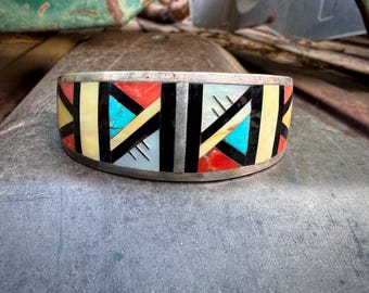 Zuni Charles & Marlene Booqua Geometric Inlay Cuff Bracelet Approx Size 6.5