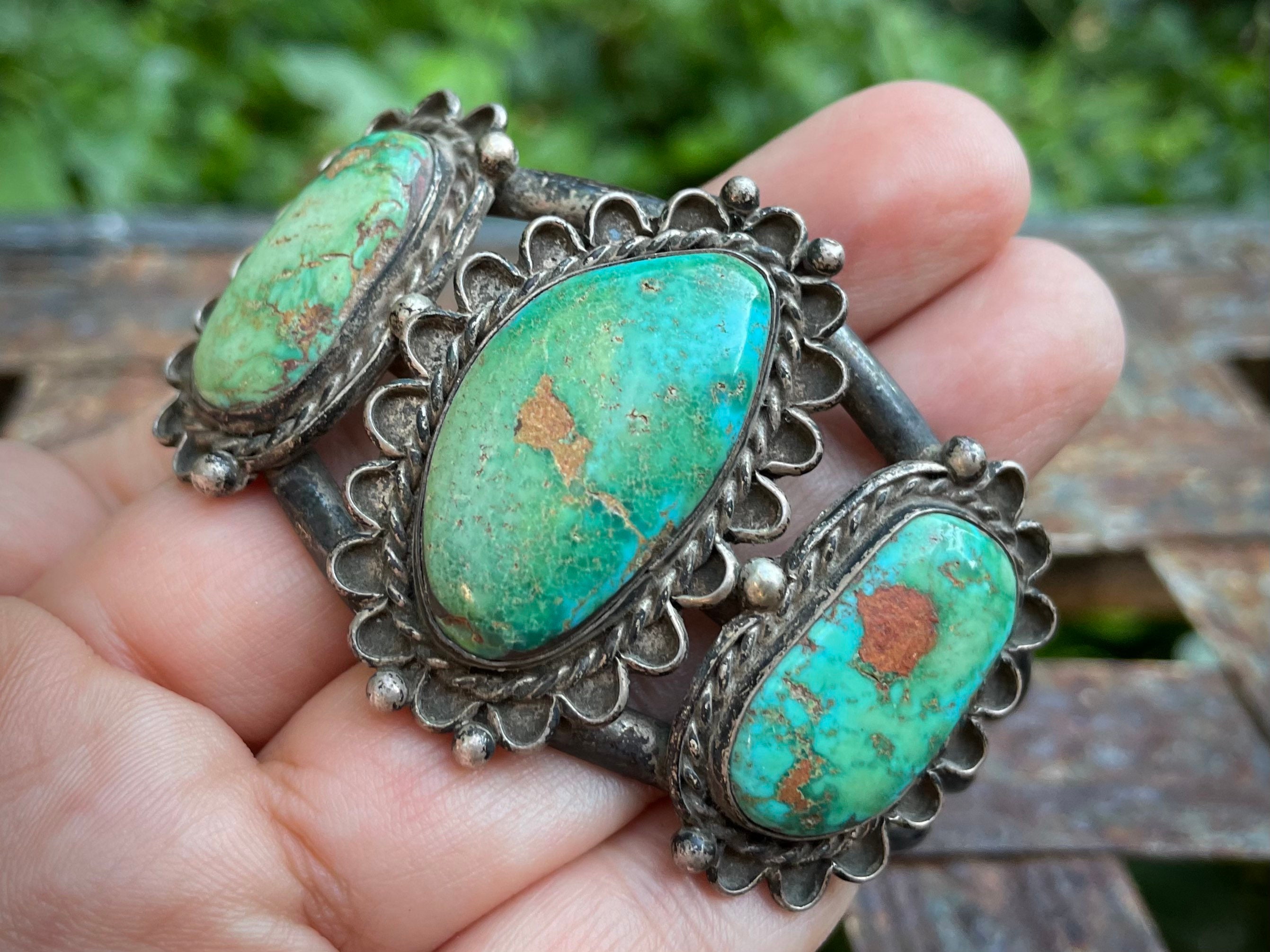Vintage Natural Turquoise and Sterling Silver Three Stone Cuff