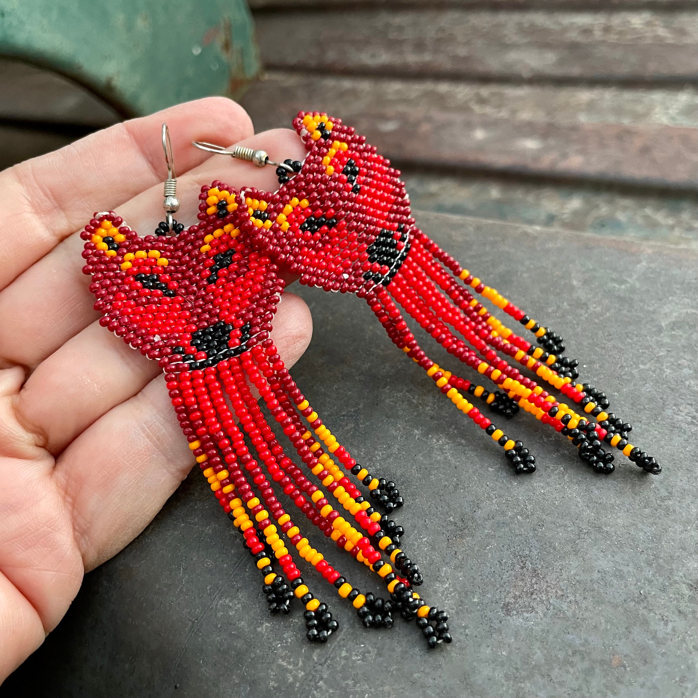 Long Loom Beaded Earrings with Wolf Design Reds Yellows Black Fiery Southwestern Colors Dangles