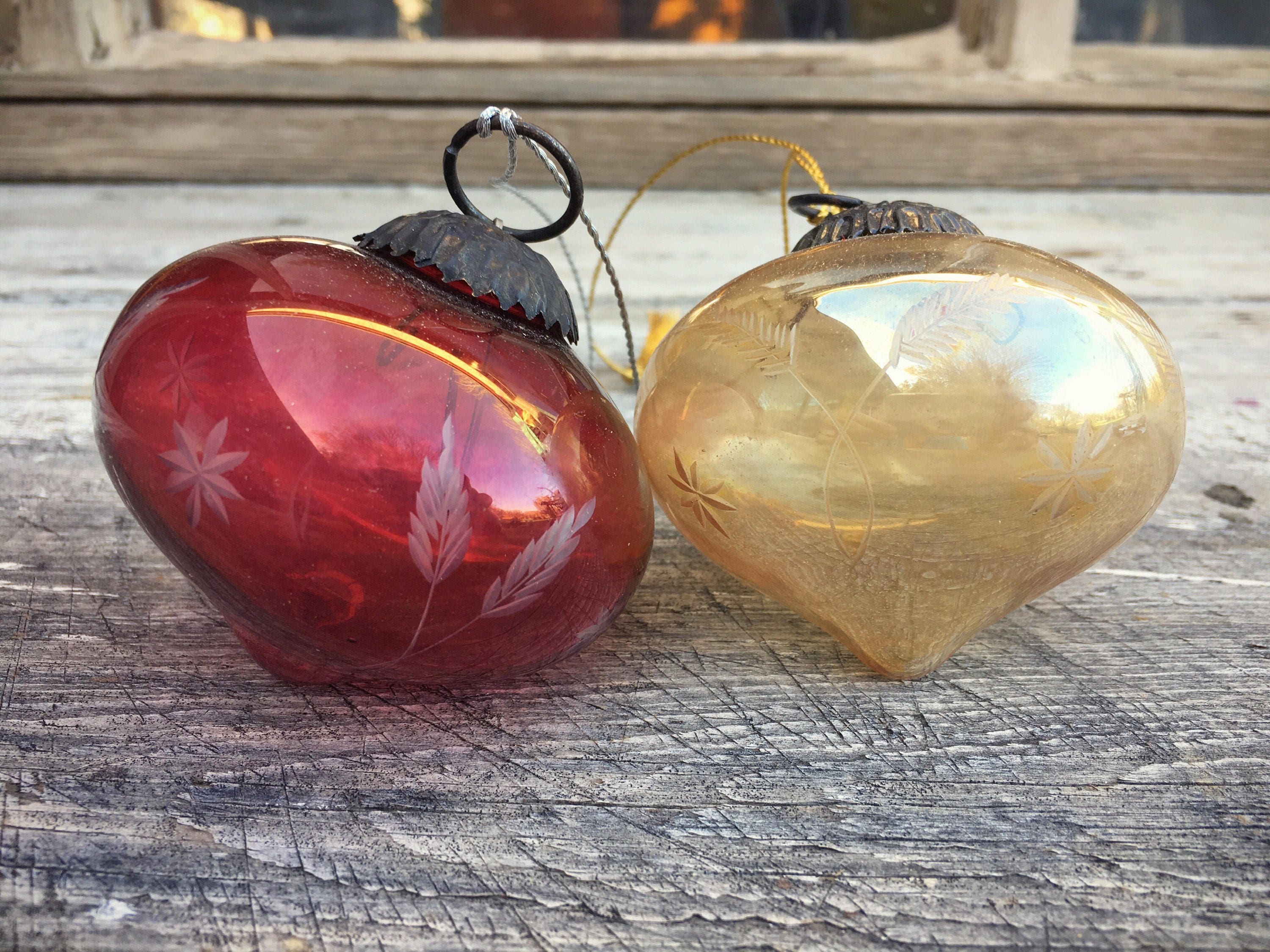 Pair of Vintage Colored Glass Christmas Ornaments Kugel Style Holiday Decor