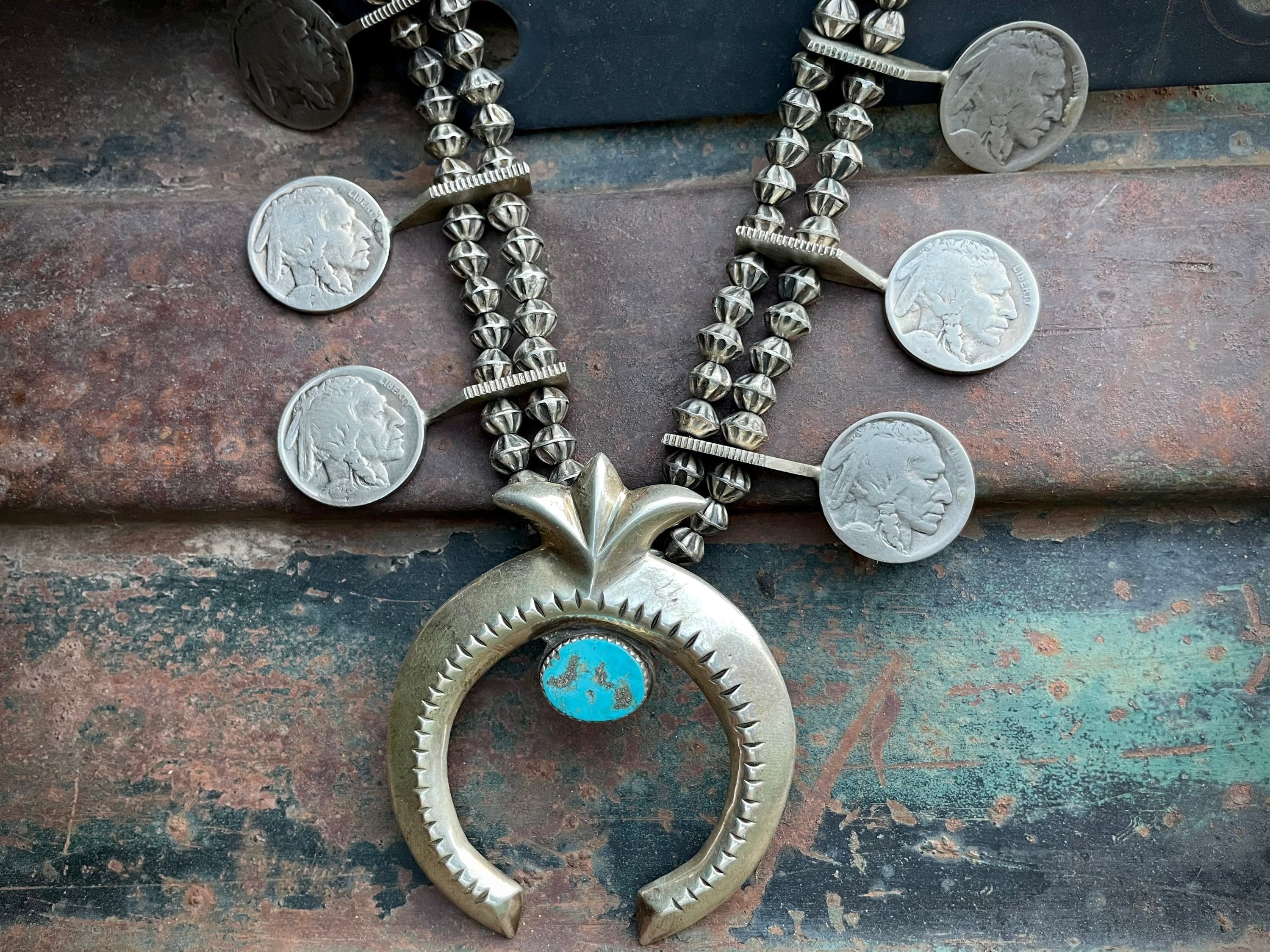 Big Coin Naja Native American Navajo Turquoise Sterling Silver Squash Blossom Necklace Big Coin Naja Native American Navajo Turquoise Sterling Silver Squash Blossom Necklace