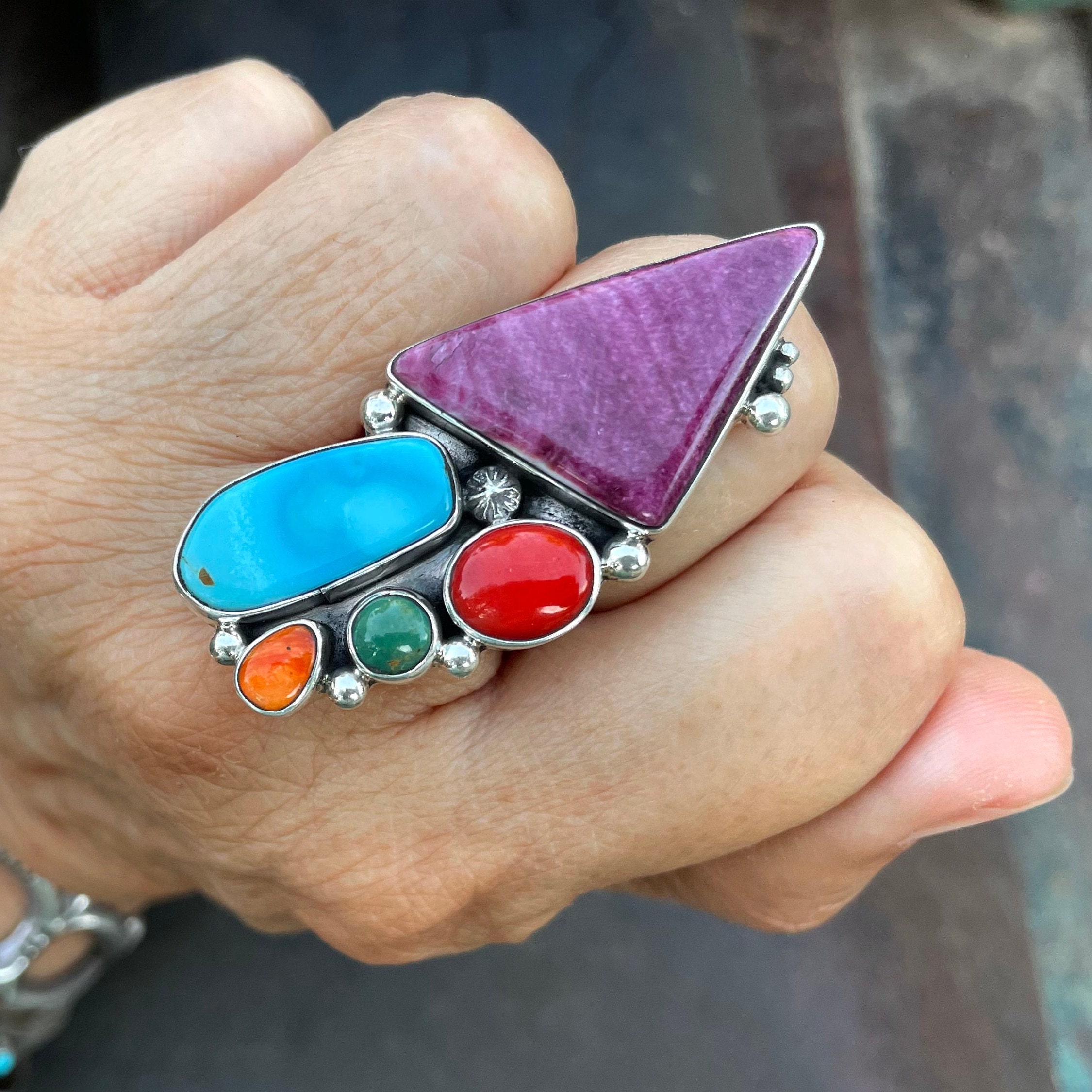 Navajo Mary Jane Garcia Turquoise Multistone Ring Size 8.5, Native