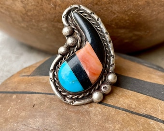 1970s Multi Stone Turquoise Spiny Oyster Handkerchief Slide or Pinky Ring Size 2.5, Vintage Native American Navajo Jewelry, Rodeo Style