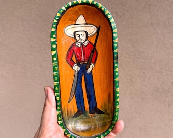 Small Carved Wood Primitive Painting Magnets Refrigerator Decor 3.375 x 7.5, Mexican Folk Art