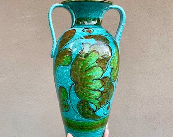 Vintage Bitossi Style Blue-Green Italian Majolica Pottery Vase with Handles, Midcentury Design