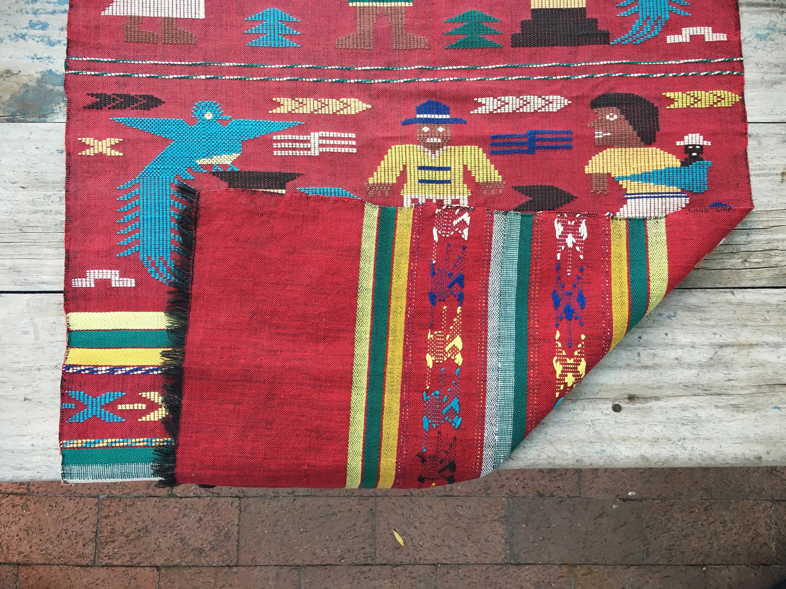 Vintage 22 x 48 Mexican table runner embroidered and woven tapestry ethnic bohemian decor