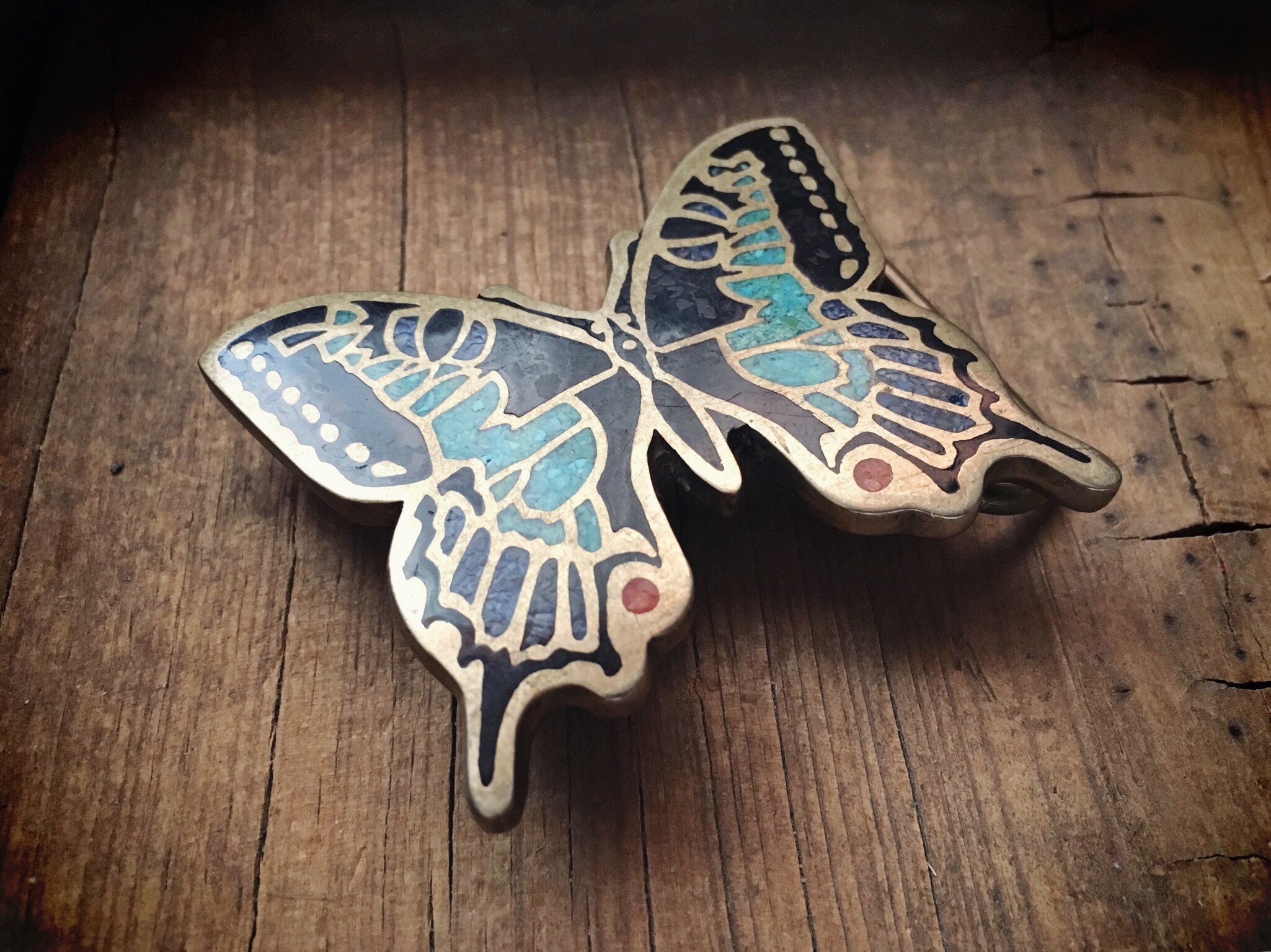 Brass Butterfly Belt Buckle with Crushed Turquiose Coral Lapis Inlay ...