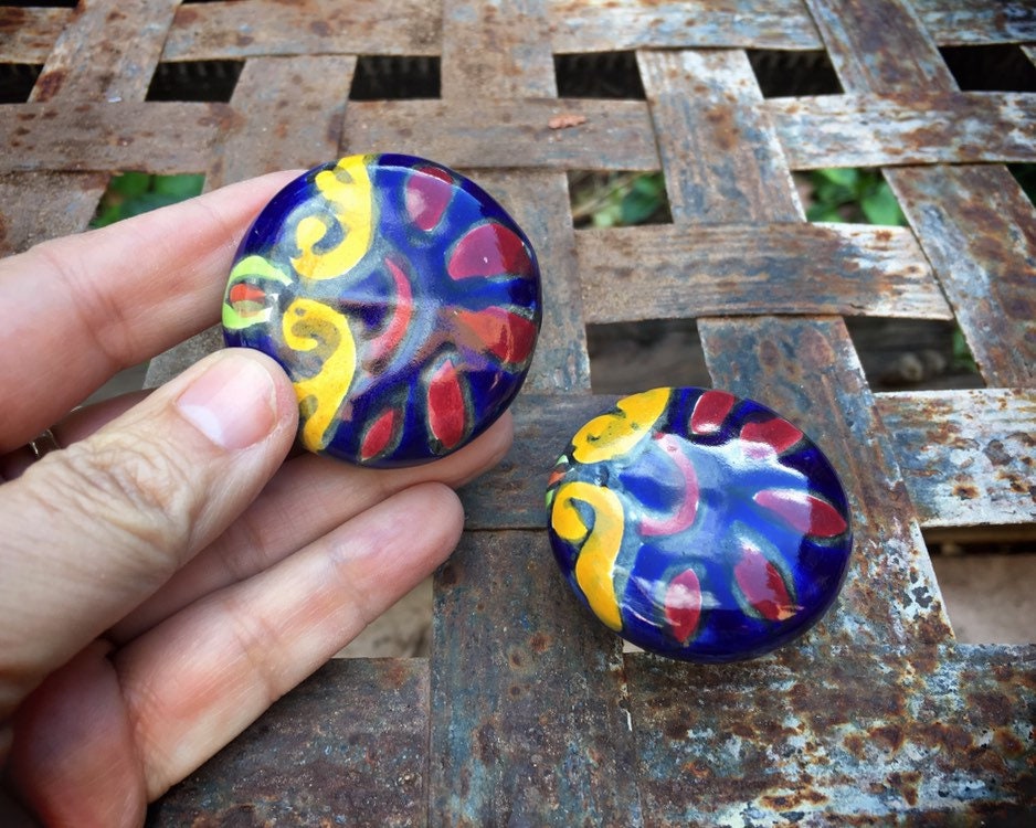 Pair of Mexican Ceramic Drawer Pulls Rustic Home Decor, Ceramics and