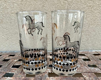 Two Mid-Century Fred Press Style High Ball Glasses with Gold and Black Horse Design, Vintage Glassware MCM, A Pair of Tumblers
