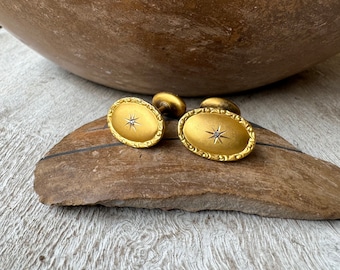 Antique Victorian Gold Cufflinks Diamond Chip Inlay with Bean Closure, Possibly 10K