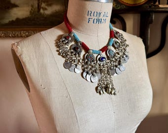 Vintage Ethnic Tribal Silver Tone Bib Necklace w/ Coin Pendants Amulets & Beaded Fabric "Chain"