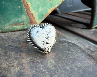 Navajo Johnny Dixon Heart Ring Sterling Silver White Buffalo Size 9 (Adj)