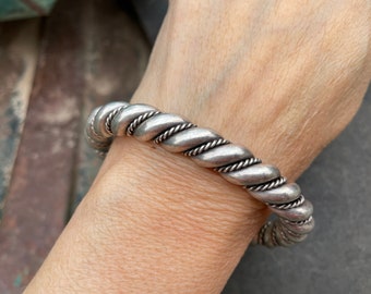 104g Heavy Gauge Silver Twist Wire Cuff Bracelet Size 6-1/2 Wrist, Vintage Navajo Jewelry Unisex